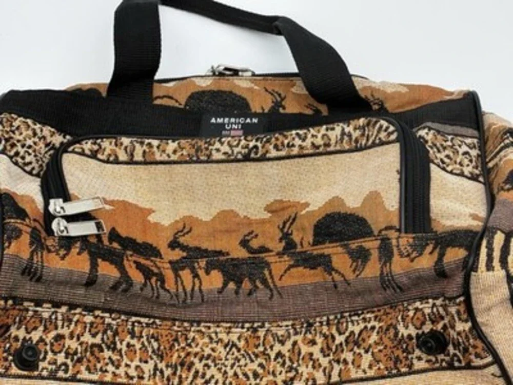 Vintage American UNI Safari Animal Tapestry Duffel Bag Travel Gym Tote 18”
